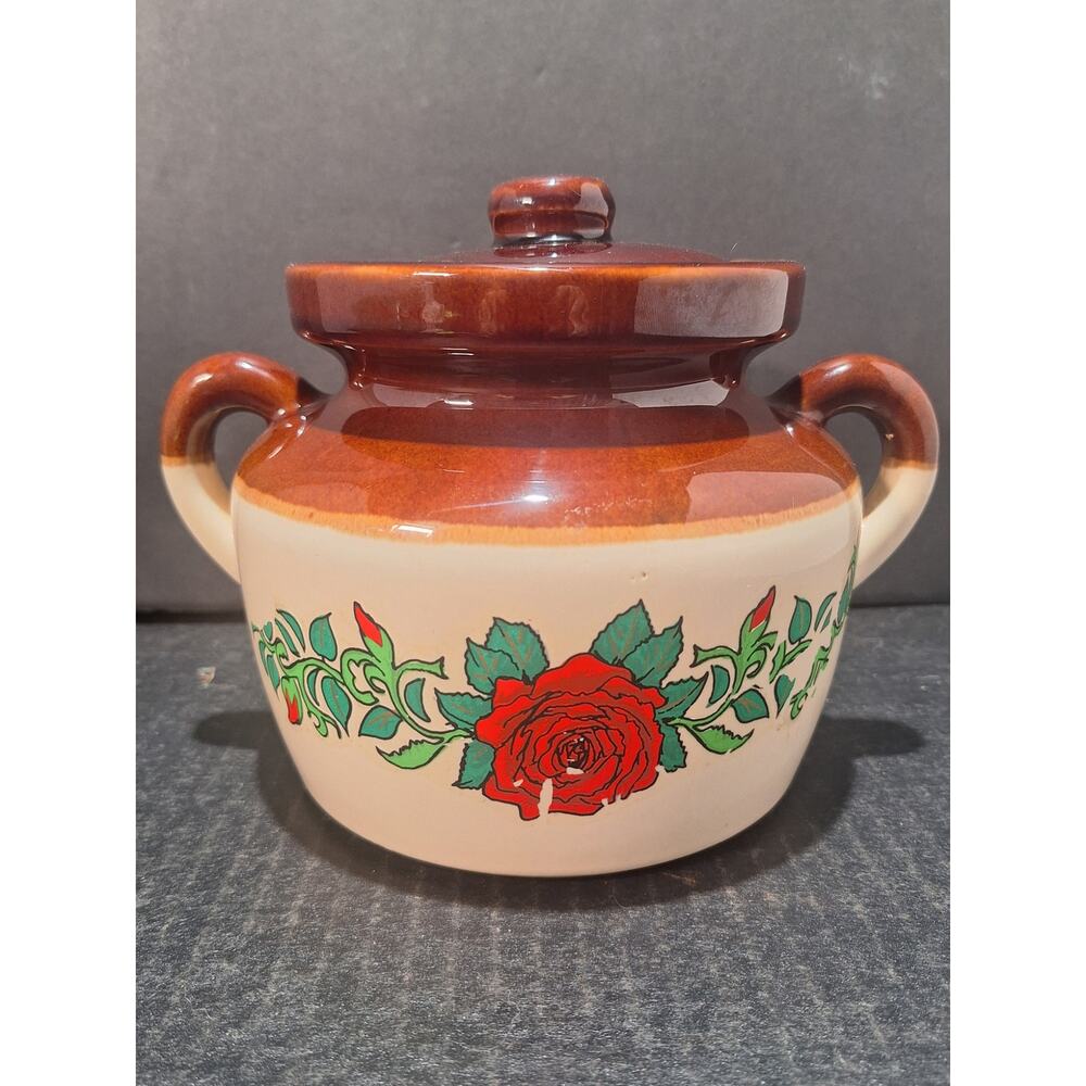 Vintage McCoy LCC USA 341 Covered Bean Pot Rare Rose Floral Decal Stoneware- HTF